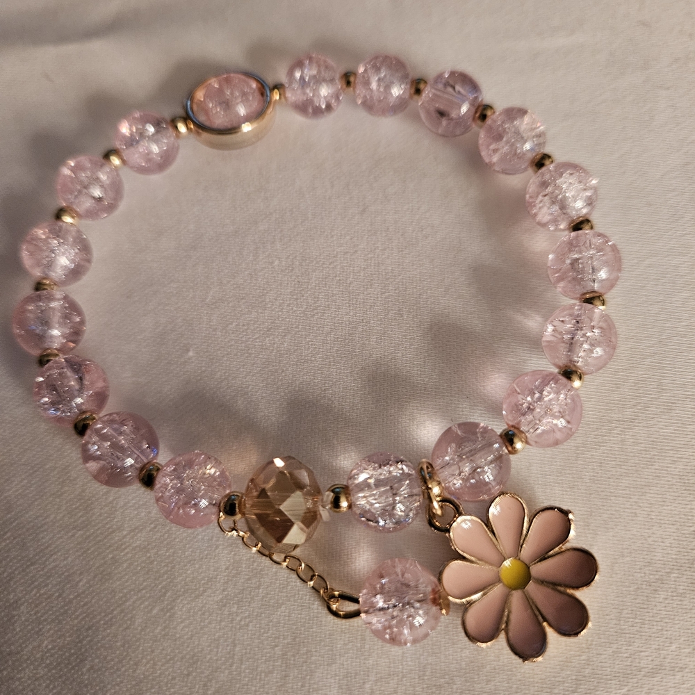 Pink Beaded Bracelet with Flower Charm
